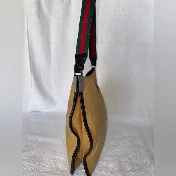 Gucci Vintage khaki brown canvas and leather trim web detail hobo. - Picture 3 of 15